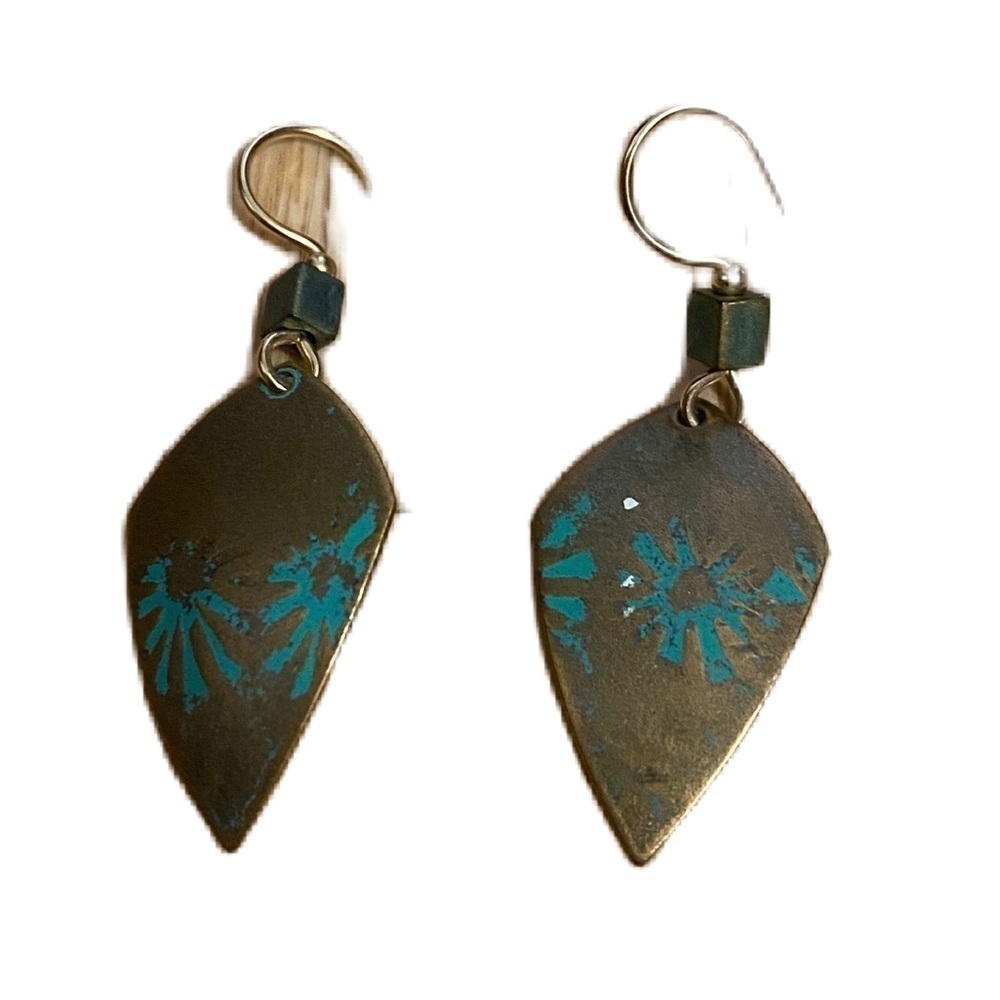 Oval Earrings in Embossed Turquoise Steer Head Pointed Metal Dangle